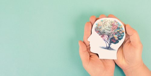 salud mental. manos sosteniendo una cabeza humana con un cerebro con flores