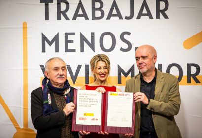 Pepe Álvarez (UGT), Yolanda Díaz (Mª Trabajo) y Unai Sordo (CC.OO.), firmantes del acuerdo para la reducción de la jornada laboral